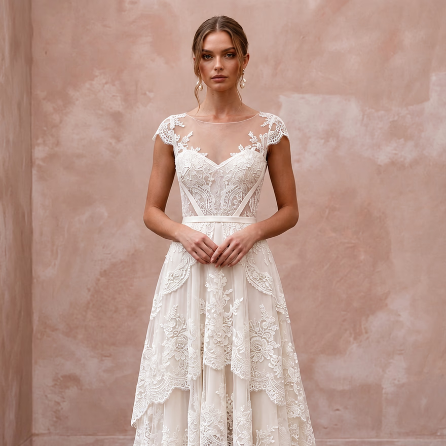 Vintage-Inspired Ivory French Lace High-Low Hem Beach Wedding Gown
