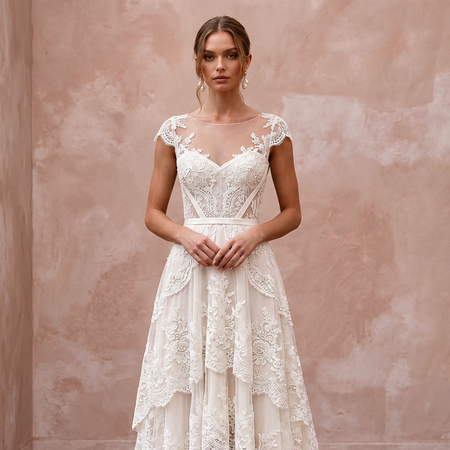 Vintage-Inspired Ivory French Lace High-Low Hem Beach Wedding Gown