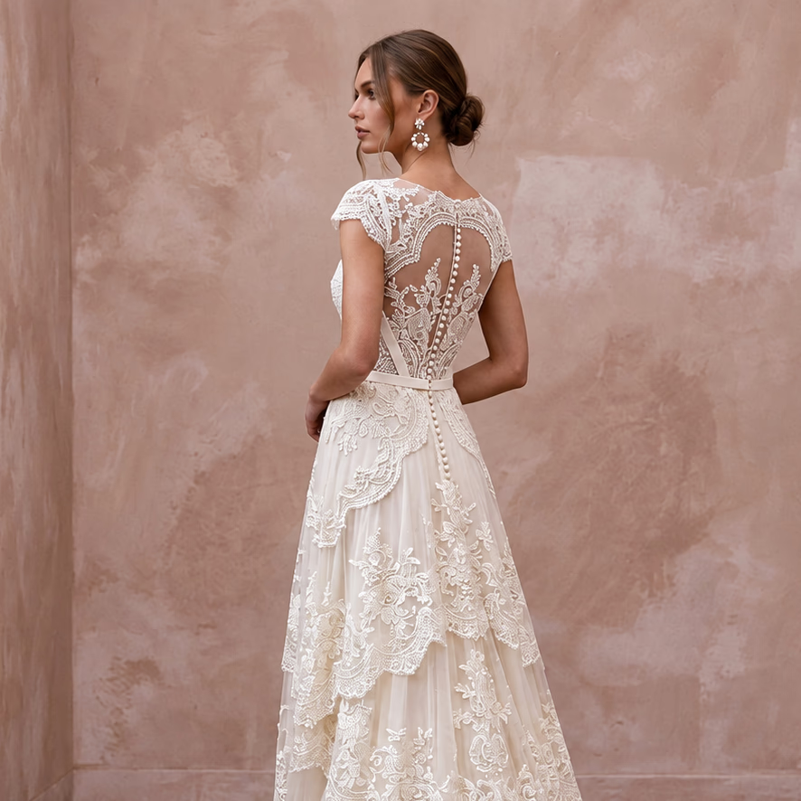 Vintage-Inspired Ivory French Lace High-Low Hem Beach Wedding Gown