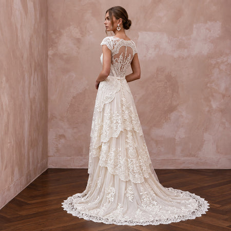 Vintage-Inspired Ivory French Lace High-Low Hem Beach Wedding Gown