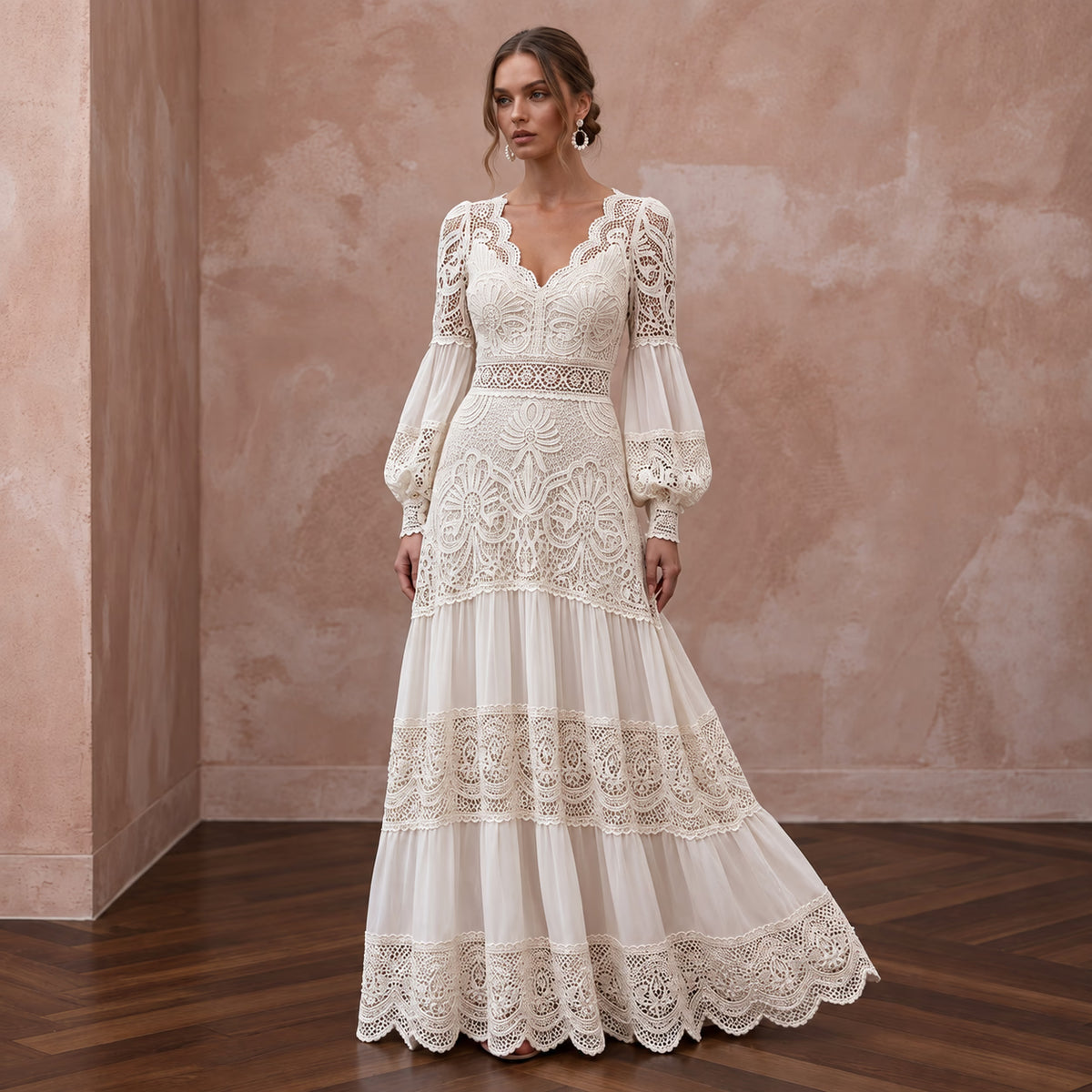 Vintage - Inspired Off - White Crochet Lace Boho Maxi Gown for Beach Vow Renewal - Apparel & Accessories > Clothing > Wedding & Bridal Party Dresses > Wedding Dresses - Mignonette Bridal Main image
