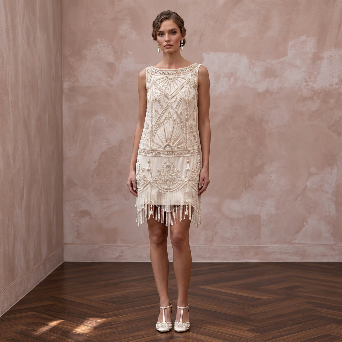Vintage 1920s Beaded Cream Silk Flapper Style Bridal Mini Dress Main image