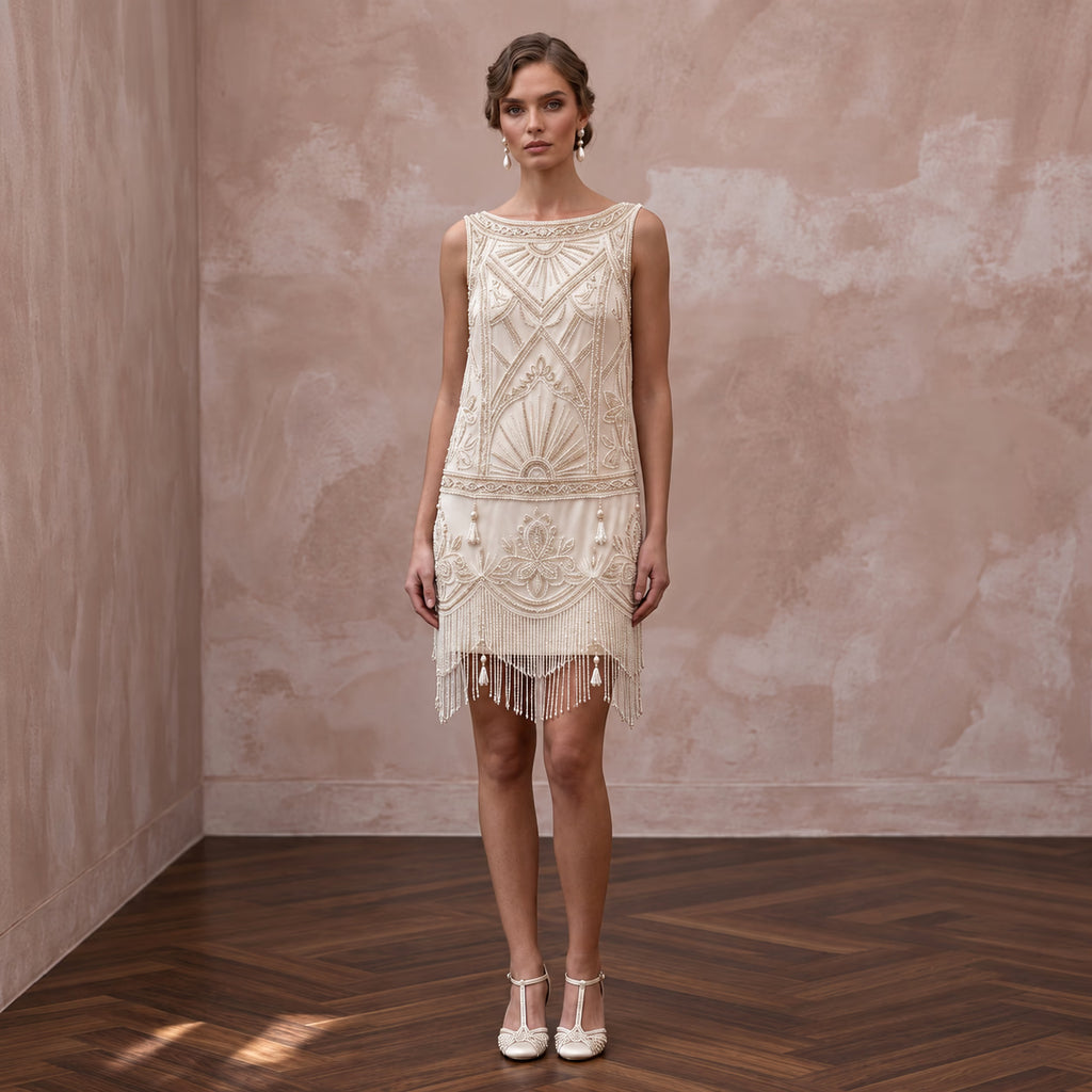 Vintage 1920s Beaded Cream Silk Flapper Style Bridal Mini Dress