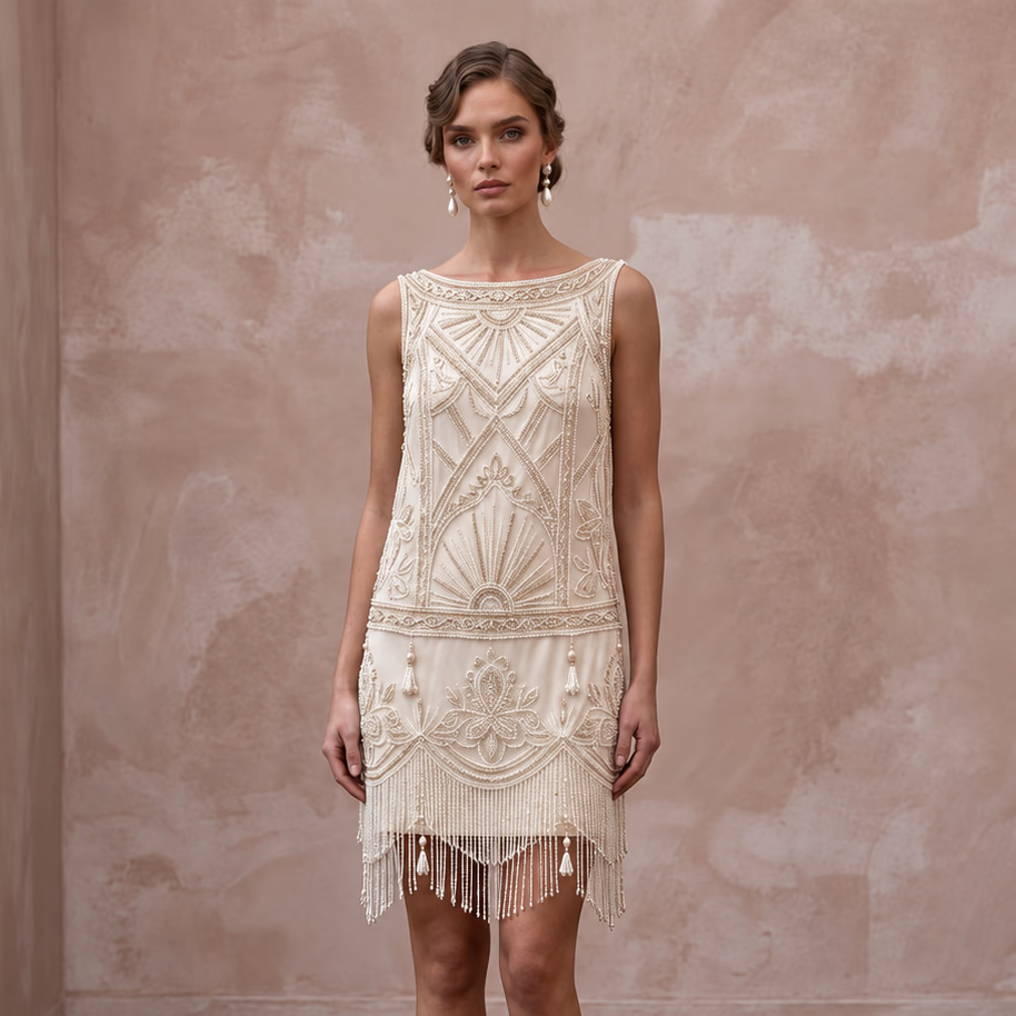Vintage 1920s Beaded Cream Silk Flapper Style Bridal Mini Dress