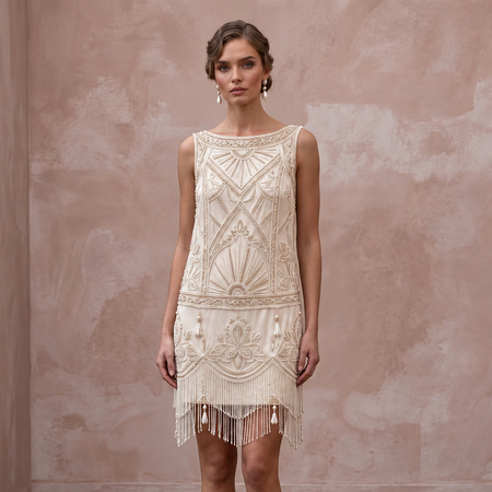 Vintage 1920s Beaded Cream Silk Flapper Style Bridal Mini Dress
