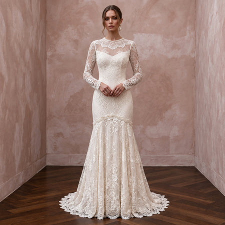 Vintage Alabaster Chantilly Lace Drop Waist Trumpet Bridal Dress - Apparel & Accessories > Clothing > Wedding & Bridal Party Dresses > Wedding Dresses - Mignonette Bridal