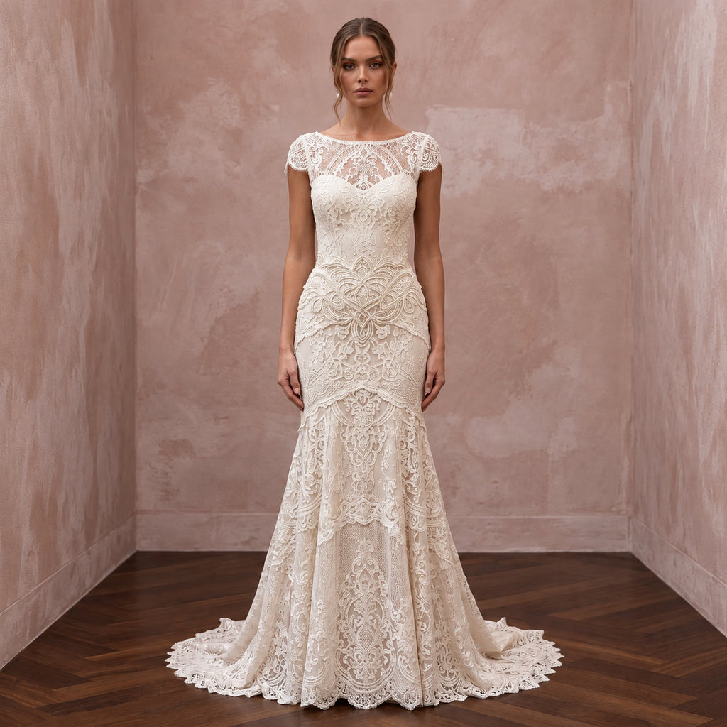 Vintage Alabaster Chantilly Lace Drop Waist Trumpet Bridal Dress