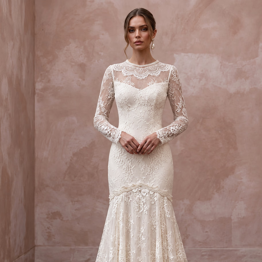 Vintage Alabaster Chantilly Lace Drop Waist Trumpet Bridal Dress - Apparel & Accessories > Clothing > Wedding & Bridal Party Dresses > Wedding Dresses - Mignonette Bridal