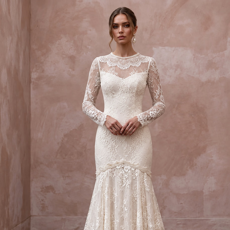 Vintage Alabaster Chantilly Lace Drop Waist Trumpet Bridal Dress - Apparel & Accessories > Clothing > Wedding & Bridal Party Dresses > Wedding Dresses - Mignonette Bridal