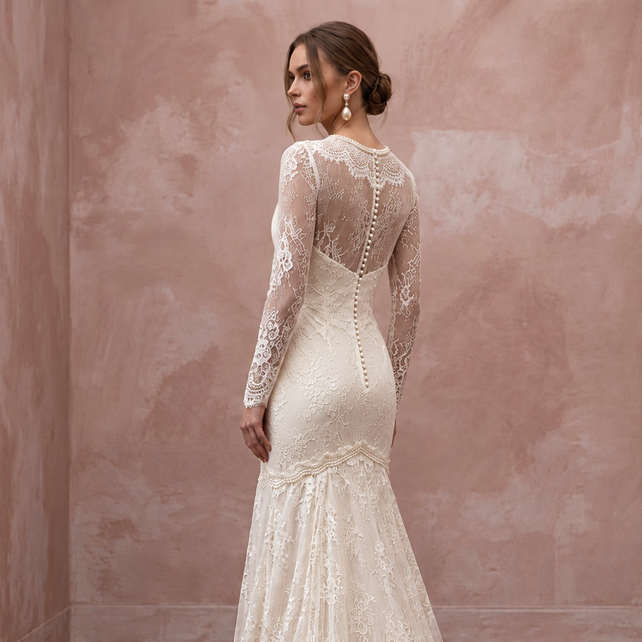 Vintage Alabaster Chantilly Lace Drop Waist Trumpet Bridal Dress - Apparel & Accessories > Clothing > Wedding & Bridal Party Dresses > Wedding Dresses - Mignonette Bridal