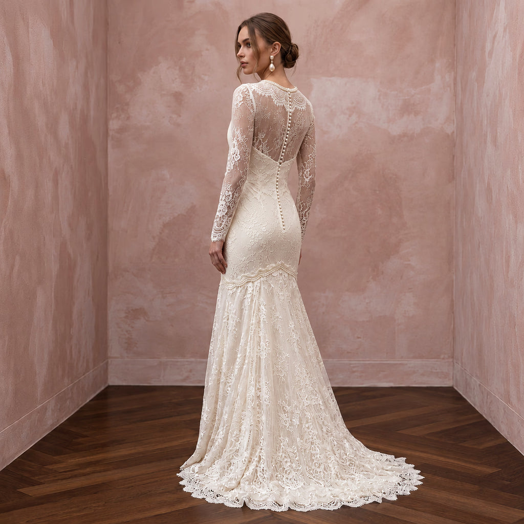 Vintage Alabaster Chantilly Lace Drop Waist Trumpet Bridal Dress - Apparel & Accessories > Clothing > Wedding & Bridal Party Dresses > Wedding Dresses - Mignonette Bridal