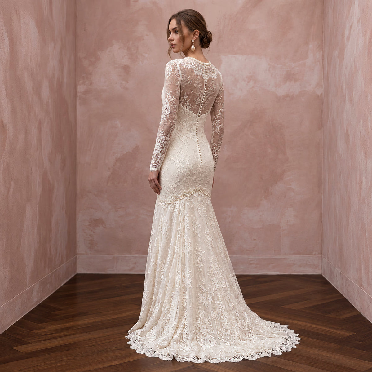 Vintage Alabaster Chantilly Lace Drop Waist Trumpet Bridal Dress - Apparel & Accessories > Clothing > Wedding & Bridal Party Dresses > Wedding Dresses - Mignonette Bridal