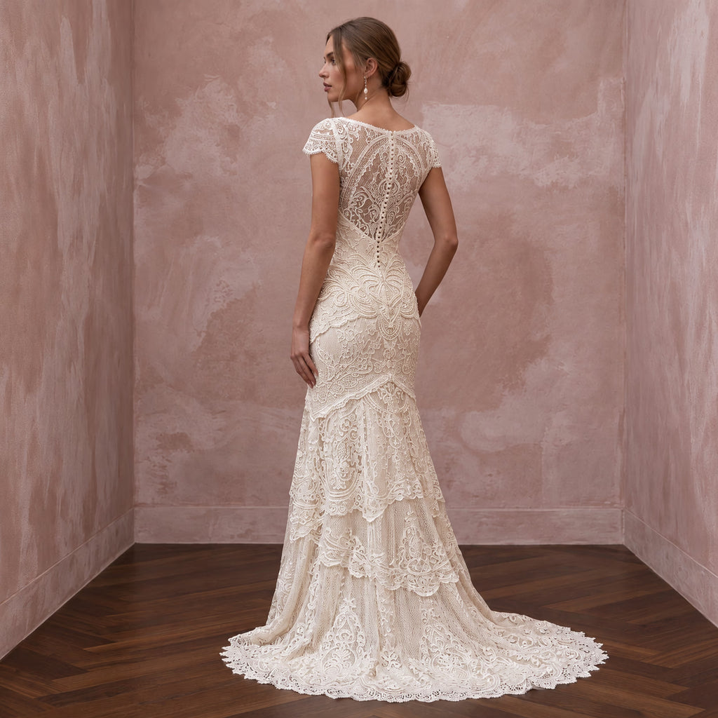 Vintage Alabaster Chantilly Lace Drop Waist Trumpet Bridal Dress