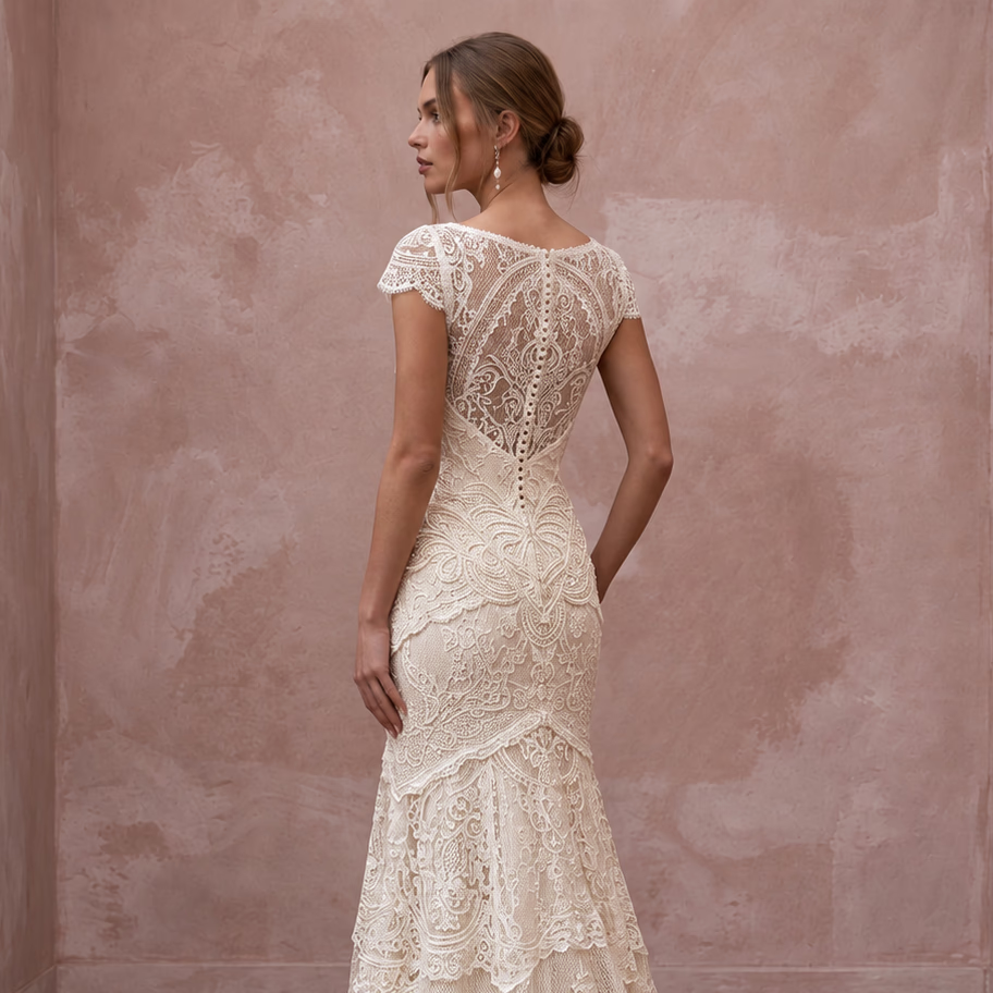 Vintage Alabaster Chantilly Lace Drop Waist Trumpet Bridal Dress