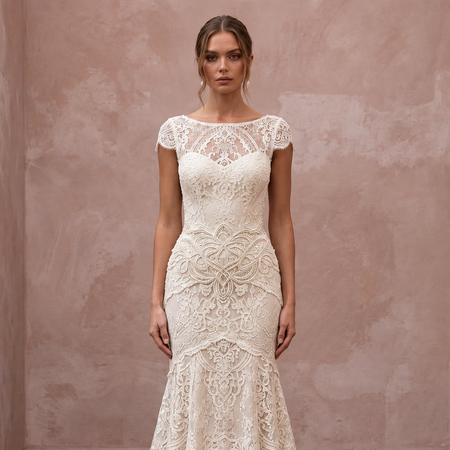 Vintage Alabaster Chantilly Lace Drop Waist Trumpet Bridal Dress