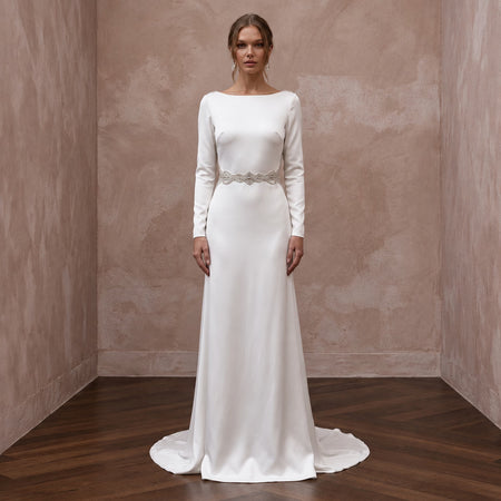 Vintage Alabaster Silk Satin Long Sleeve Cowl Back Bridal Gown - Apparel & Accessories > Clothing > Wedding & Bridal Party Dresses > Wedding Dresses - Mignonette Bridal