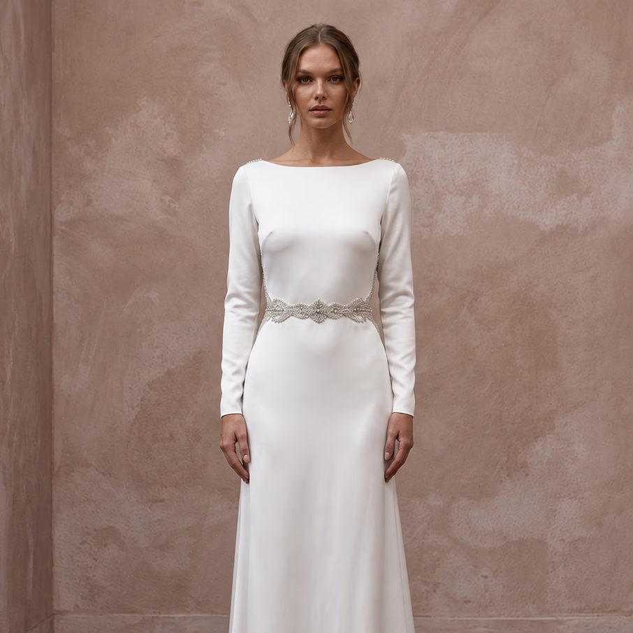Vintage Alabaster Silk Satin Long Sleeve Cowl Back Bridal Gown - Apparel & Accessories > Clothing > Wedding & Bridal Party Dresses > Wedding Dresses - Mignonette Bridal