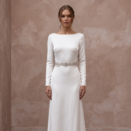 Vintage Alabaster Silk Satin Long Sleeve Cowl Back Bridal Gown - Apparel & Accessories > Clothing > Wedding & Bridal Party Dresses > Wedding Dresses - Mignonette Bridal