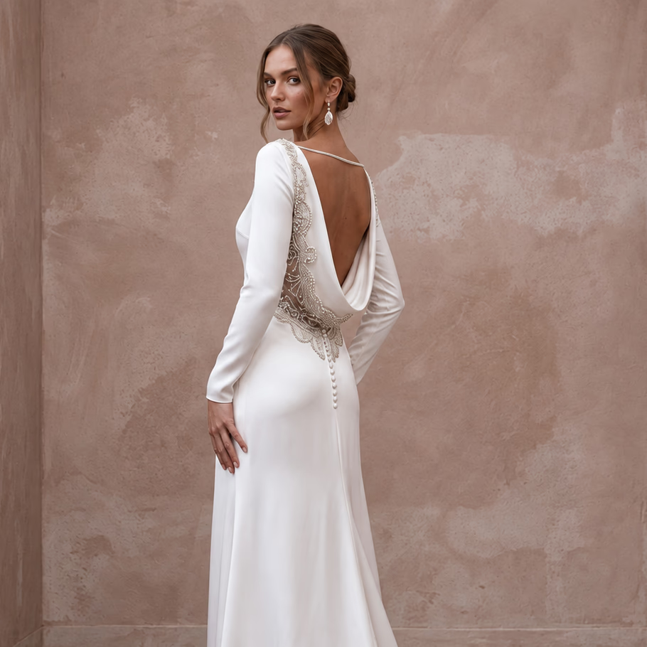 Vintage Alabaster Silk Satin Long Sleeve Cowl Back Bridal Gown - Apparel & Accessories > Clothing > Wedding & Bridal Party Dresses > Wedding Dresses - Mignonette Bridal