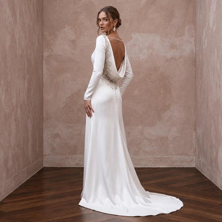 Vintage Alabaster Silk Satin Long Sleeve Cowl Back Bridal Gown - Apparel & Accessories > Clothing > Wedding & Bridal Party Dresses > Wedding Dresses - Mignonette Bridal