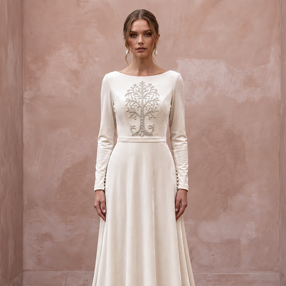Vintage Alabaster Velvet Cowl Back Long Sleeve Winter Bridal Dress