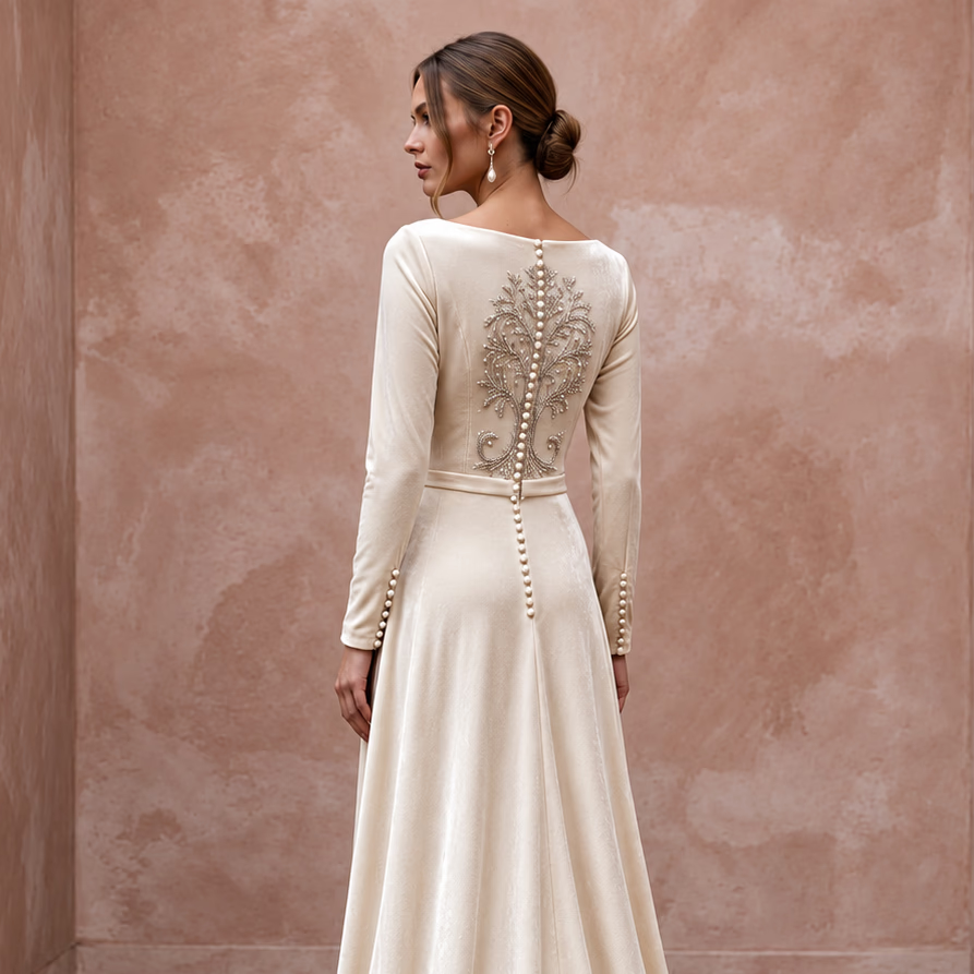 Vintage Alabaster Velvet Cowl Back Long Sleeve Winter Bridal Dress