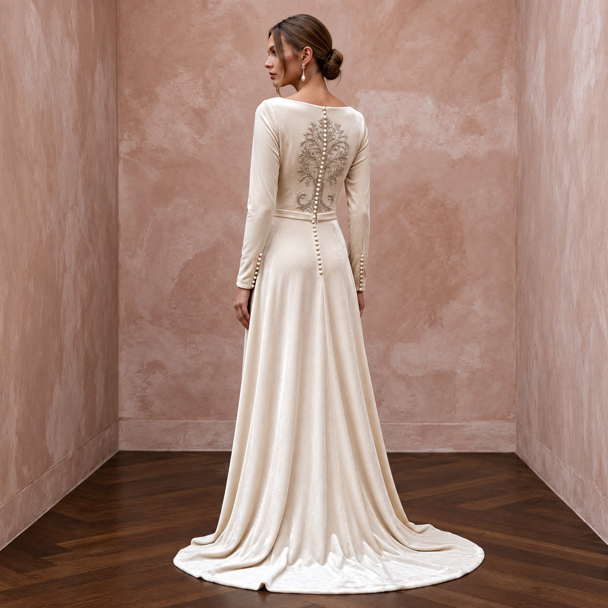 Vintage Alabaster Velvet Cowl Back Long Sleeve Winter Bridal Dress Secondary image
