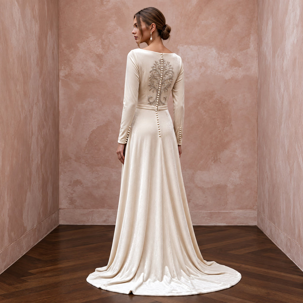 Vintage Alabaster Velvet Cowl Back Long Sleeve Winter Bridal Dress
