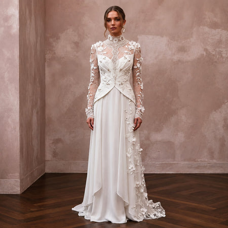 Vintage Botanical Bridal Gown with High Neck for a Garden Ceremony