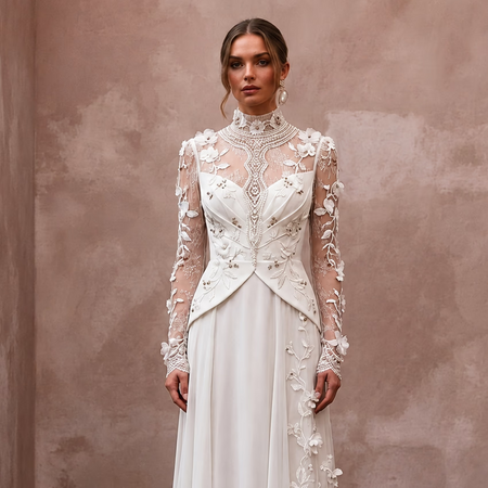 Vintage Botanical Bridal Gown with High Neck for a Garden Ceremony
