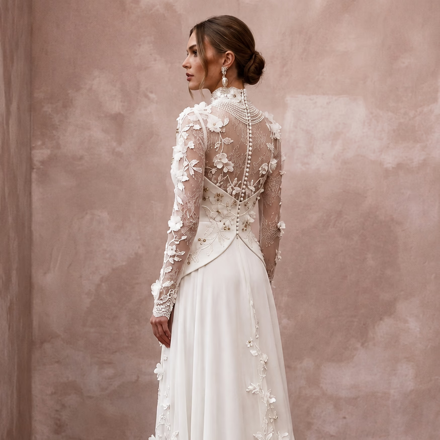 Vintage Botanical Bridal Gown with High Neck for a Garden Ceremony