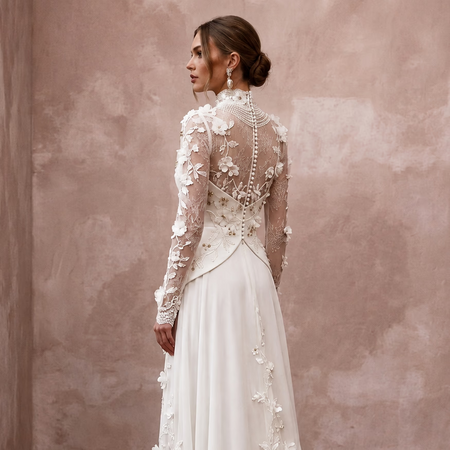Vintage Botanical Bridal Gown with High Neck for a Garden Ceremony