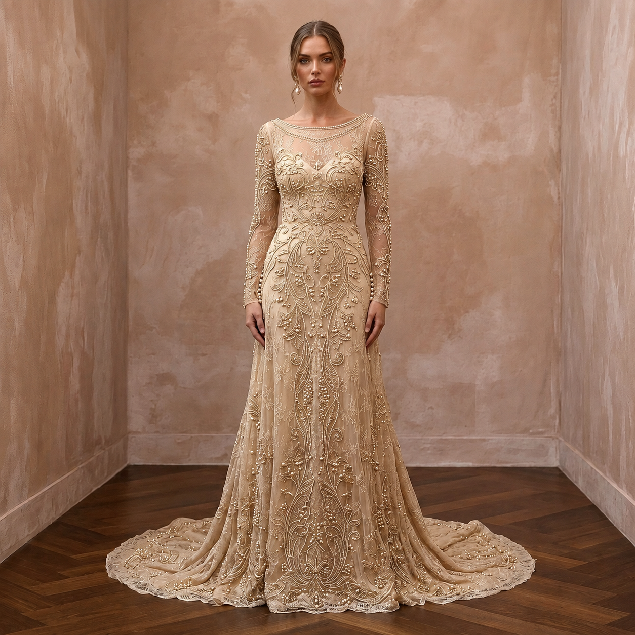 Vintage Champagne Beaded Long Sleeve Gown for Vow Renewal Main image