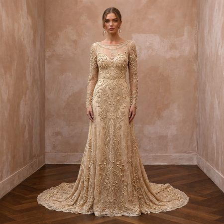 Vintage Champagne Beaded Long Sleeve Gown for Vow Renewal