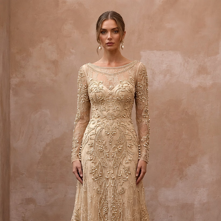 Vintage Champagne Beaded Long Sleeve Gown for Vow Renewal - Apparel & Accessories > Clothing > Wedding & Bridal Party Dresses > Wedding Dresses - Mignonette Bridal