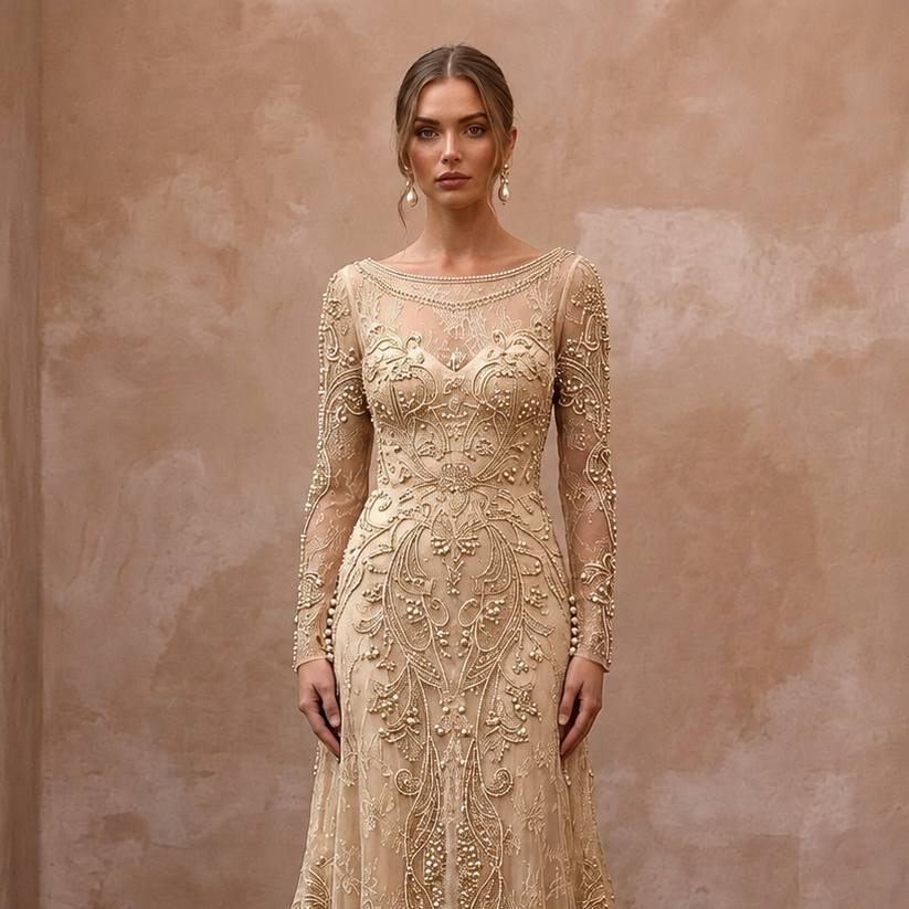 Vintage Champagne Beaded Long Sleeve Gown for Vow Renewal