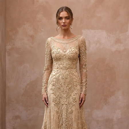 Vintage Champagne Beaded Long Sleeve Gown for Vow Renewal