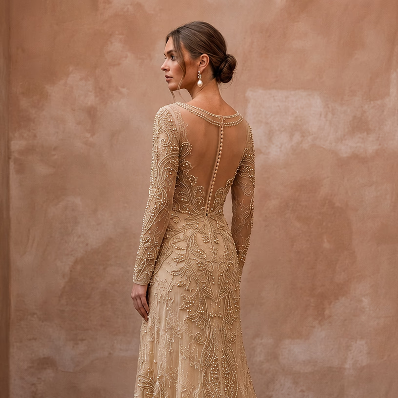 Vintage Champagne Beaded Long Sleeve Gown for Vow Renewal - Apparel & Accessories > Clothing > Wedding & Bridal Party Dresses > Wedding Dresses - Mignonette Bridal