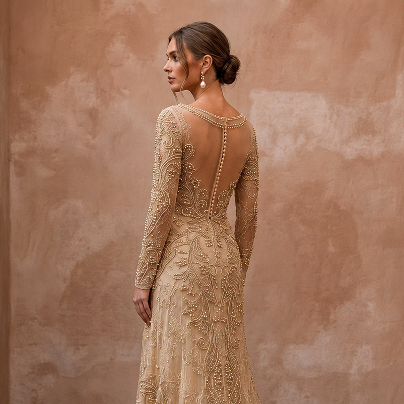 Vintage Champagne Beaded Long Sleeve Gown for Vow Renewal