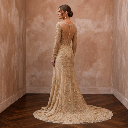 Vintage Champagne Beaded Long Sleeve Gown for Vow Renewal