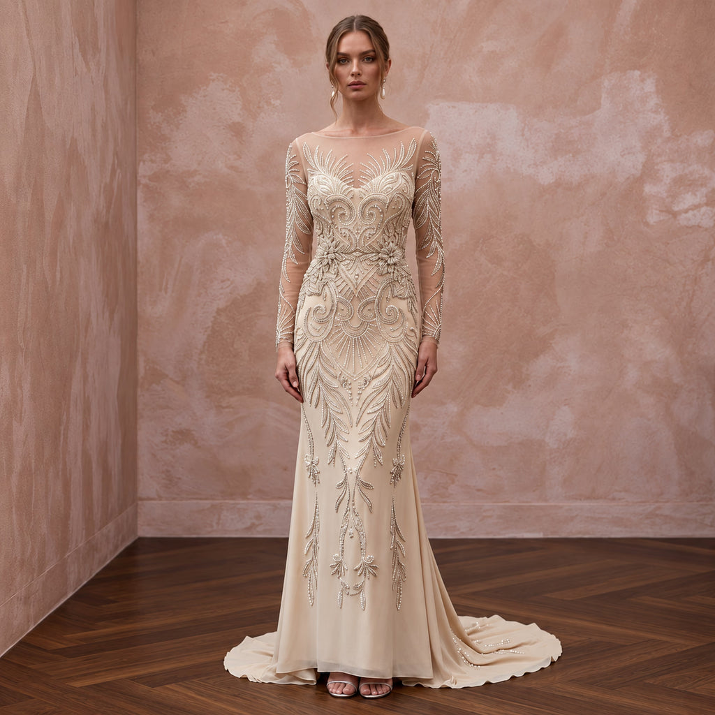 Vintage Champagne Beaded Long Sleeve Wedding Dress for Vow Renewal