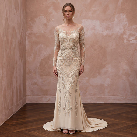 Vintage Champagne Beaded Long Sleeve Wedding Dress for Vow Renewal
