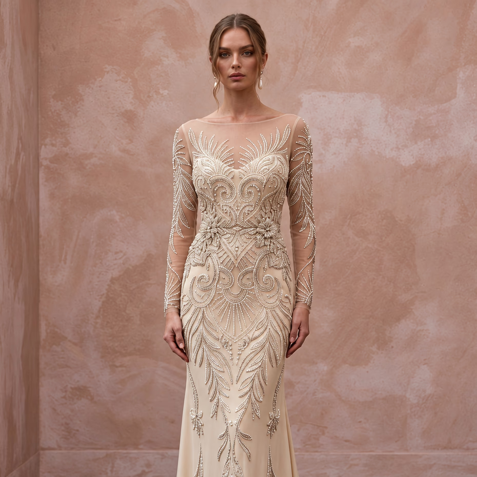 Vintage Champagne Beaded Long Sleeve Wedding Dress for Vow Renewal