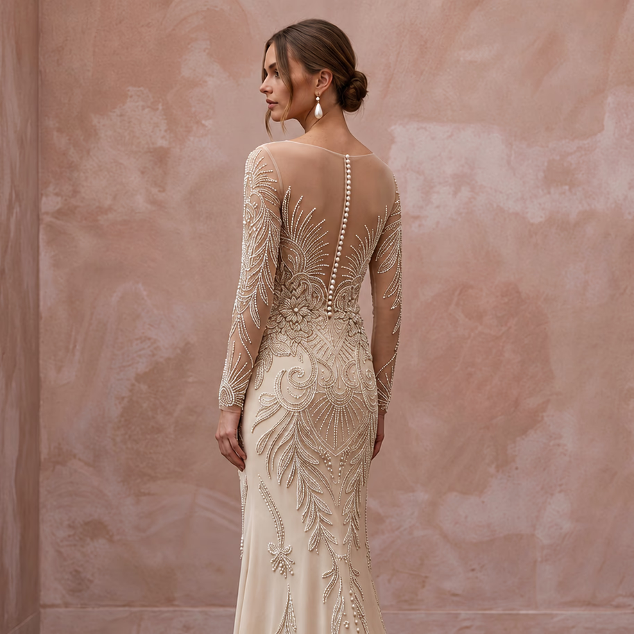 Vintage Champagne Beaded Long Sleeve Wedding Dress for Vow Renewal