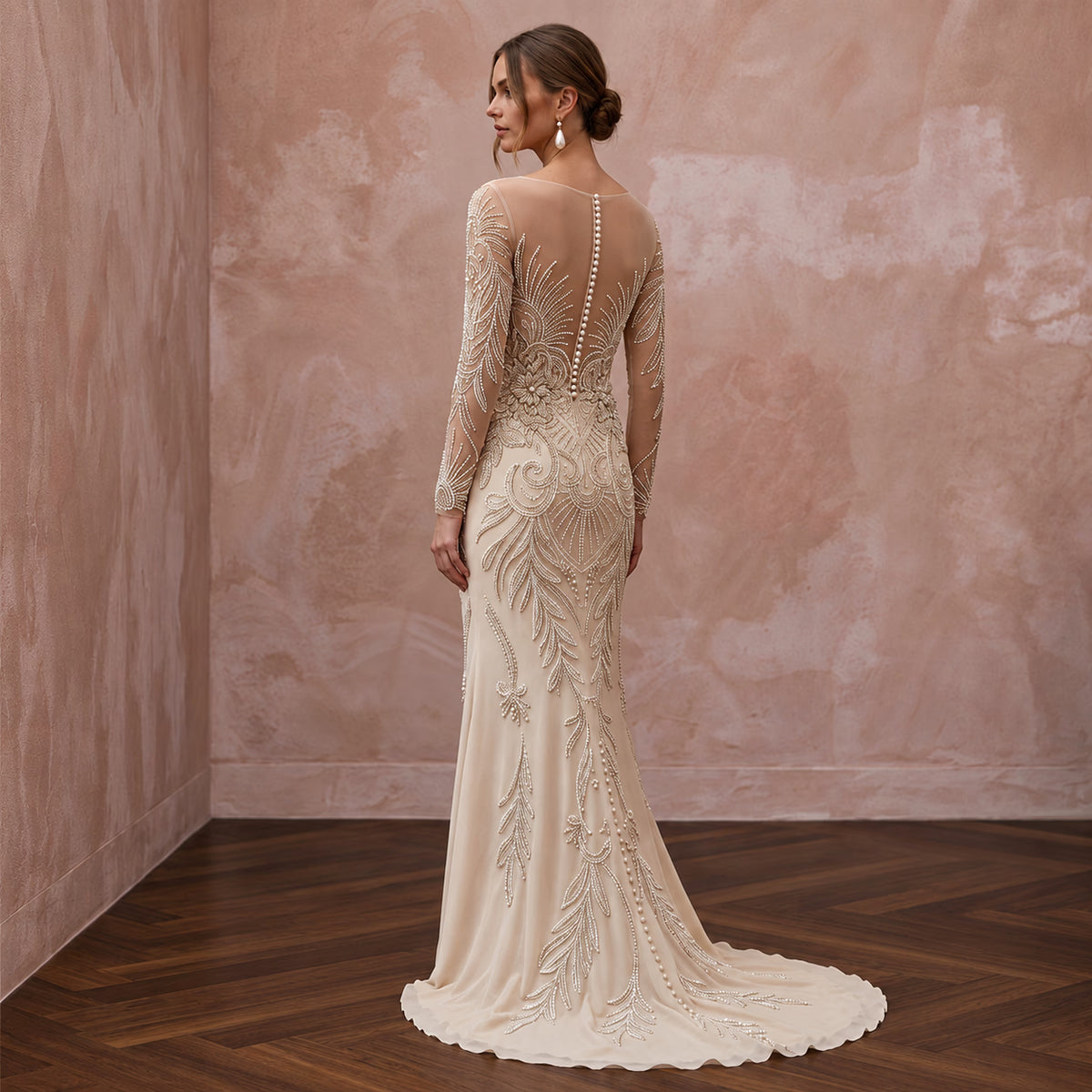 Vintage Champagne Beaded Long Sleeve Wedding Dress for Vow Renewal