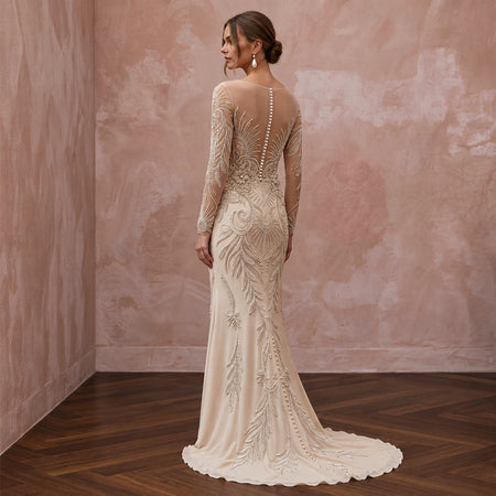 Vintage Champagne Beaded Long Sleeve Wedding Dress for Vow Renewal
