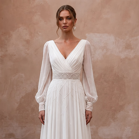 Vintage Chiffon A - Line Wedding Dress with Long Sleeves - Apparel & Accessories > Clothing > Wedding & Bridal Party Dresses > Wedding Dresses - Mignonette Bridal