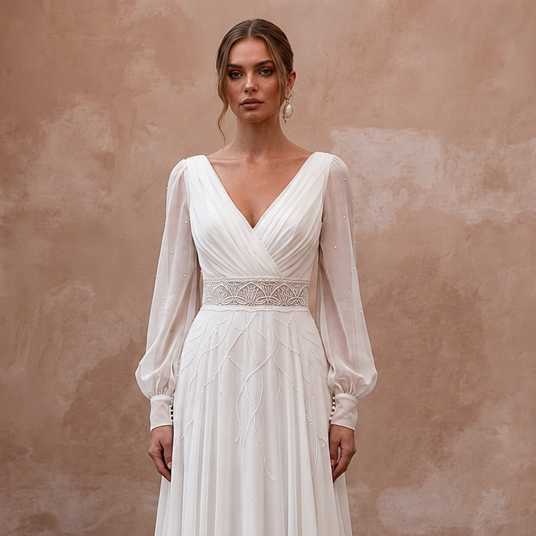 Vintage Chiffon A-Line Wedding Dress with Long Sleeves