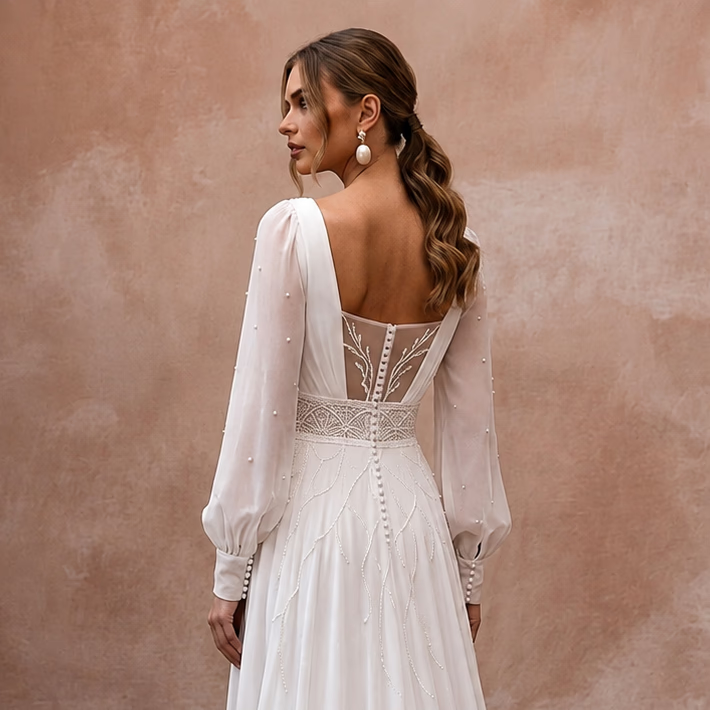 Vintage Chiffon A - Line Wedding Dress with Long Sleeves - Apparel & Accessories > Clothing > Wedding & Bridal Party Dresses > Wedding Dresses - Mignonette Bridal