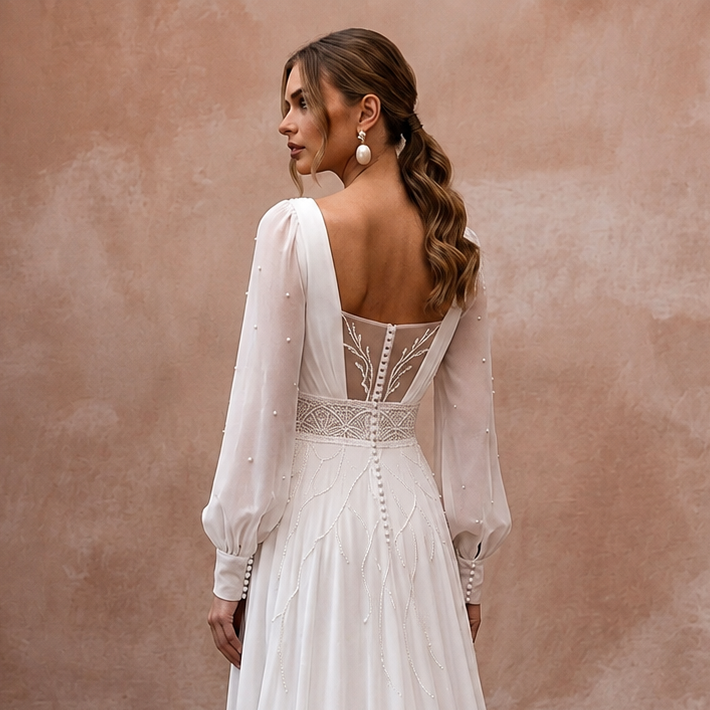 Vintage Chiffon A-Line Wedding Dress with Long Sleeves